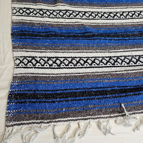 Vint Mexican Blanket Throw Baja Falsa Southwest Blue White Black Stripe 70"x48" - Picture 3 of 10